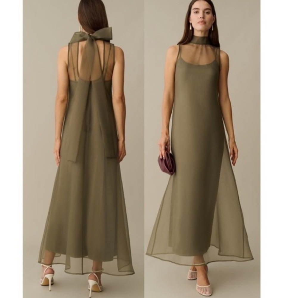 Few moda CAARA Alette Dress Olive Green Organza High Neck Maxi Small NEW Wedding